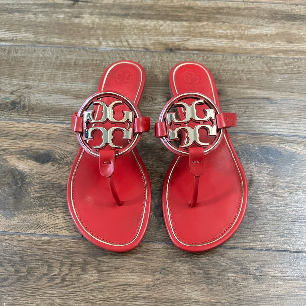 Red Tory Burch Miller Gold Emblem And Gold Trim Sandals 10.5